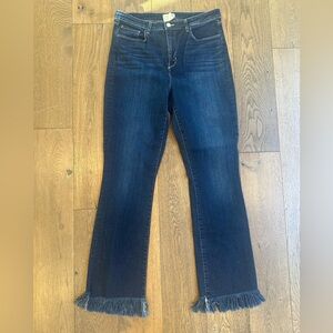 L’AGENCE stretch high waist jeans with hand fringed bottom